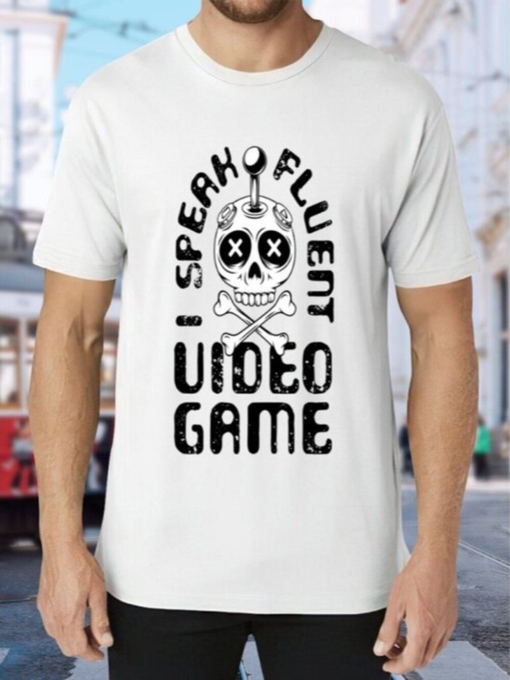 White Graphic Tee with Black Skull & Controller Design